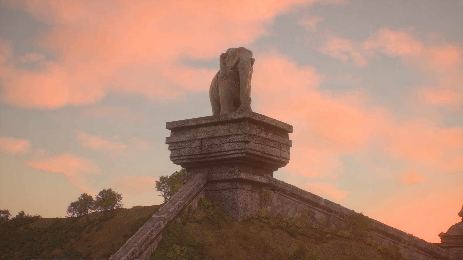 A carved stone animal on a plinth against a salmon dusk sky