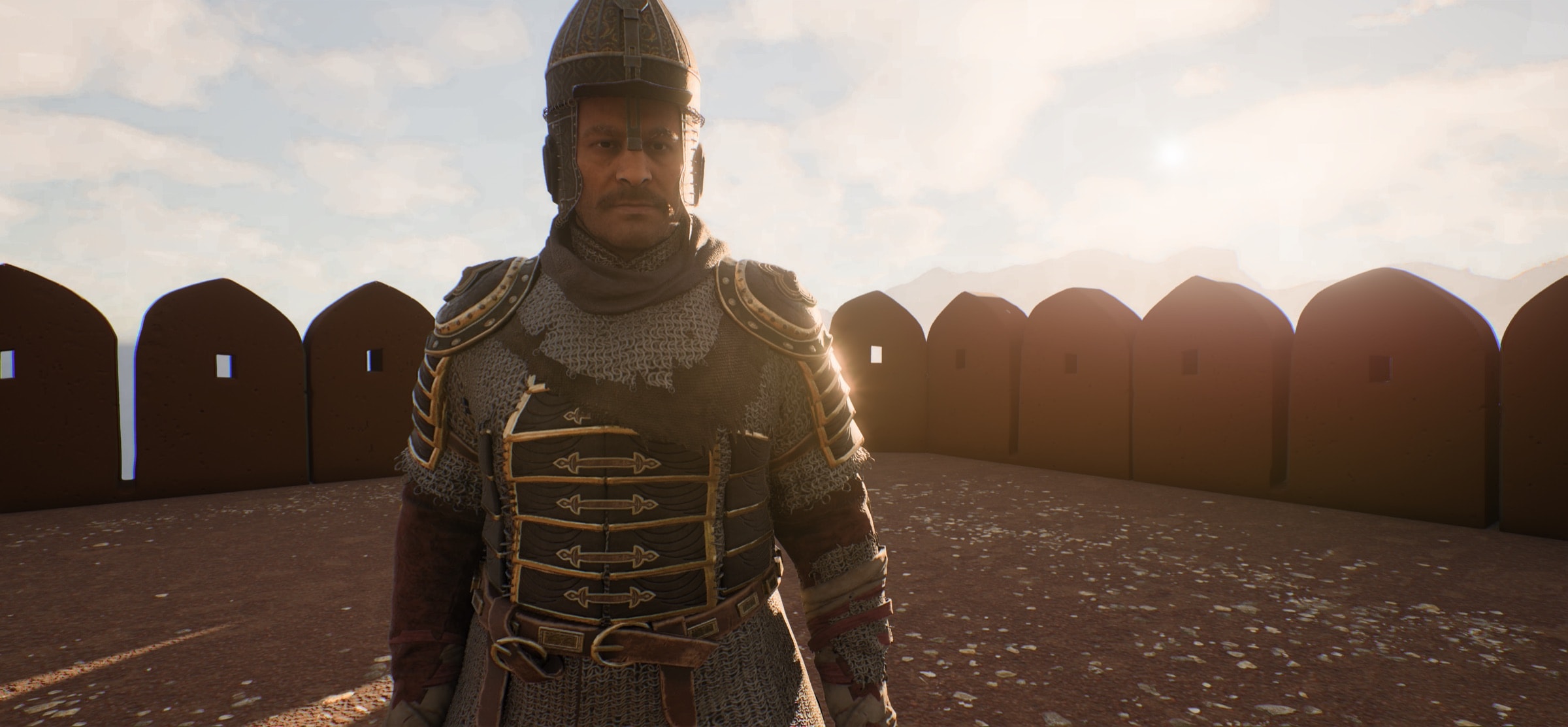 A helmeted soldier in mail and lamellar armour on the rampart walk, backlit